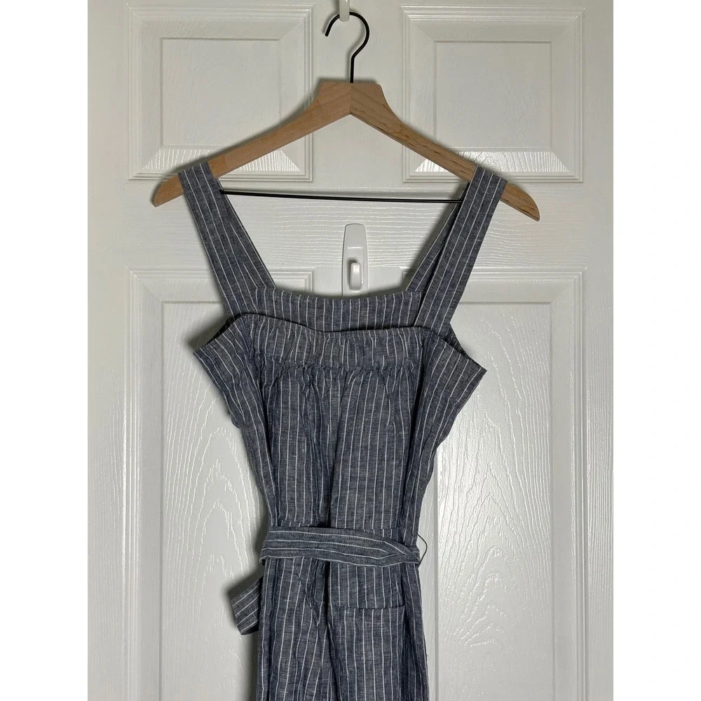 Quince Linen Wide Leg Jumpsuit Blue White Pinstripe Sleeveless Belted XS New